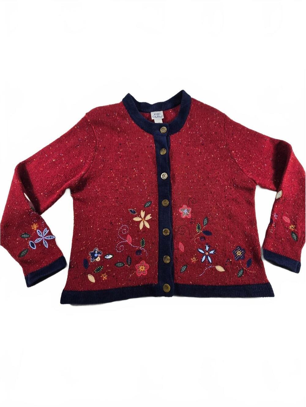 Vintage Koret City Blues Floral Embroidered Cardigan Sweater Red Wool Blend
